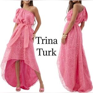 Trina Turk Pink One-Shoulder Hi-Low Floral Lace Dress